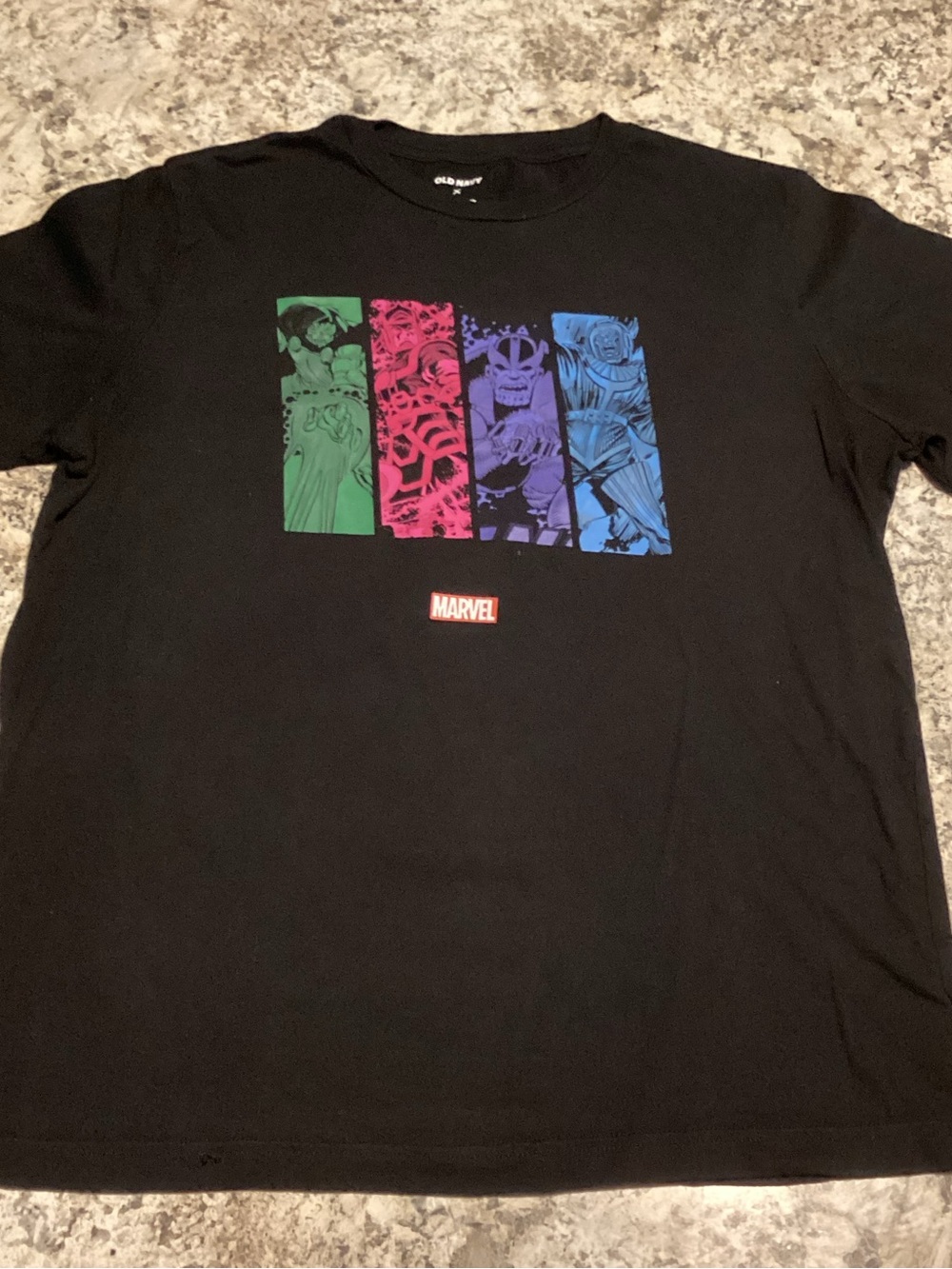 Men’s Marvel Black Short Sleeve Tee with Green, Pink, Purple & Blue Panels